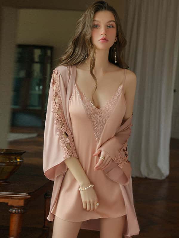 Indulge in unparalleled comfort and sophistication with our Lace Deep V Backless Camisole Robe Set.