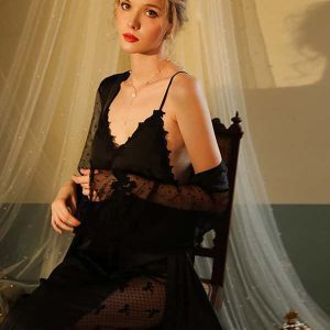 Embrace playful elegance with our Polka Dot Netting Satin Robe Set, where comfort meets style.
