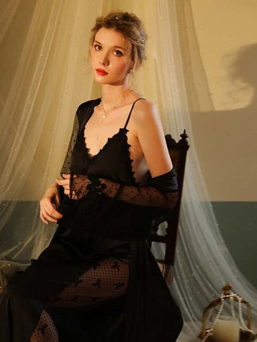 Embrace playful elegance with our Polka Dot Netting Satin Robe Set, where comfort meets style.