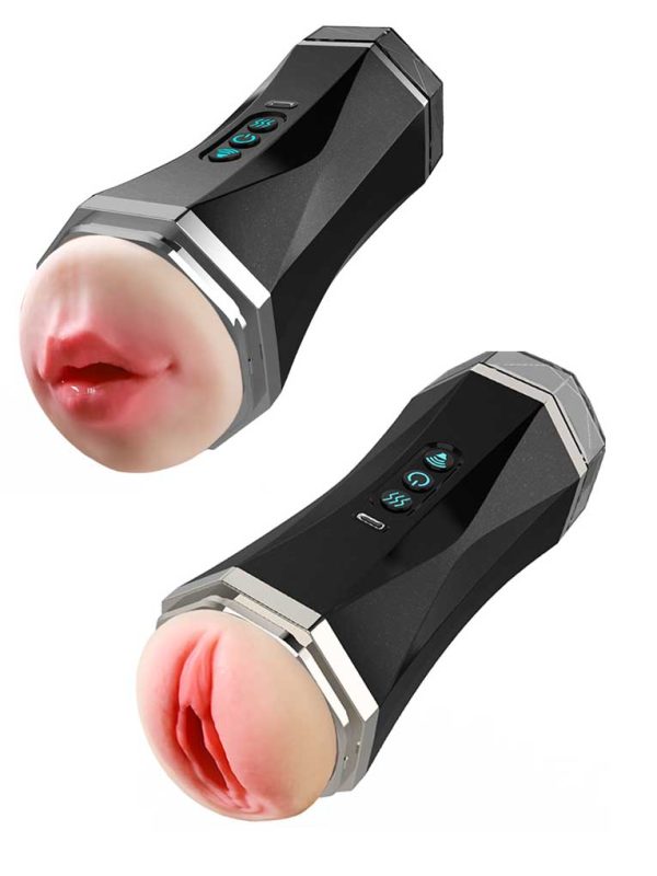 Double-ended black shell masturbator designed for versatile pleasure and shared experiences