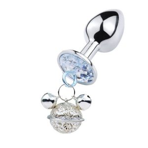 A silver anal plug adorned with a bell, combining playful design with smooth contours for a unique and enjoyable experience