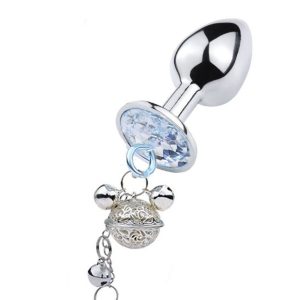 A silver anal plug adorned with a bell, combining playful design with smooth contours for a unique and enjoyable experience