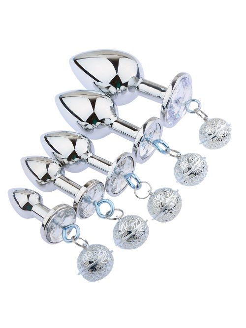 A silver anal plug adorned with a bell, combining playful design with smooth contours for a unique and enjoyable experience