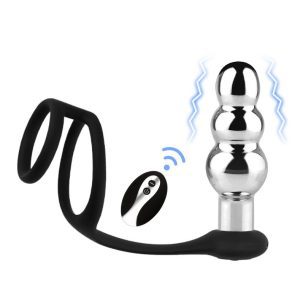 Metal-Vibrating-Anal-Plug-#3 Silver vibrating anal plug with a locking cock ring
