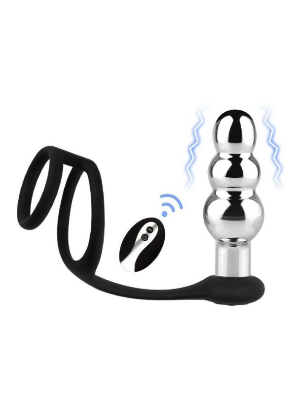 Metal-Vibrating-Anal-Plug-#3 Silver vibrating anal plug with a locking cock ring