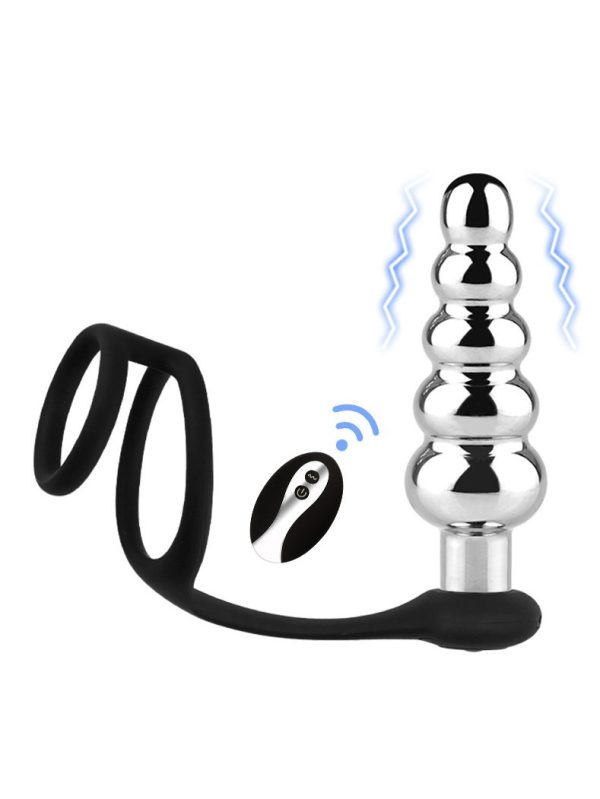 Metal-Vibrating-Anal-Plug-#4 Silver vibrating anal plug with a locking cock ring