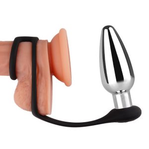 Metal-Vibrating-Anal-Plug-#5 Silver vibrating anal plug with a locking cock ring