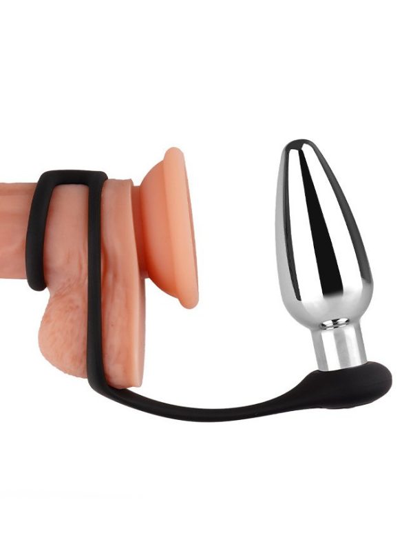 Metal-Vibrating-Anal-Plug-#5 Silver vibrating anal plug with a locking cock ring