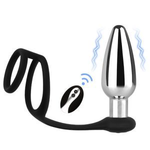 Metal-Vibrating-Anal-Plug-#6 Silver vibrating anal plug with a locking cock ring