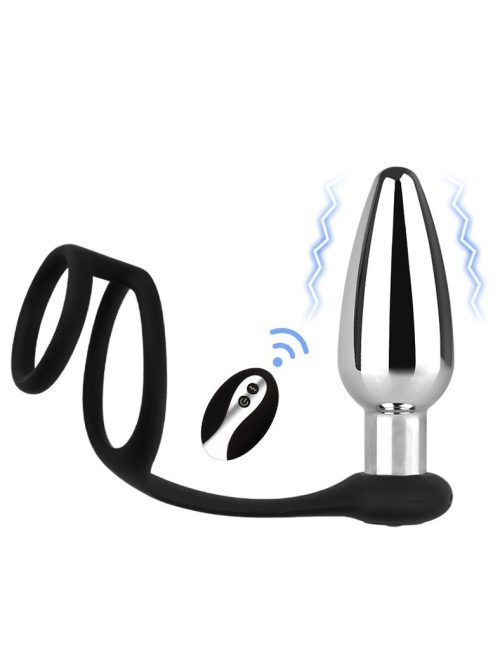 Silver vibrating anal plug with a locking cock ring