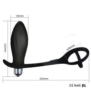 Black vibrating anal plug with a locking cock ring