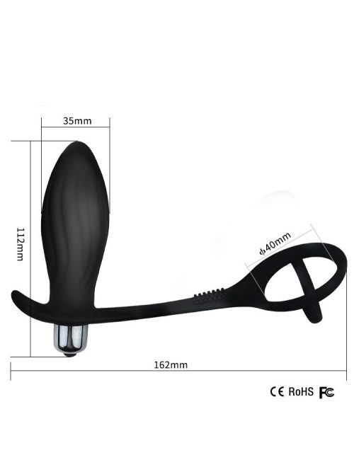 Black vibrating anal plug with a locking cock ring