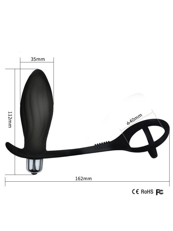 Black vibrating anal plug with a locking cock ring