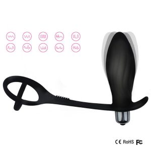 Black vibrating anal plug with a locking cock ring