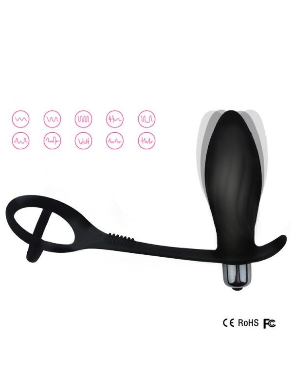 Black vibrating anal plug with a locking cock ring
