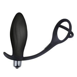Black vibrating anal plug with a locking cock ring
