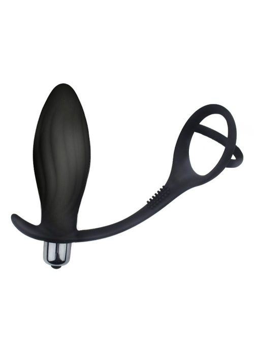 Black vibrating anal plug with a locking cock ring