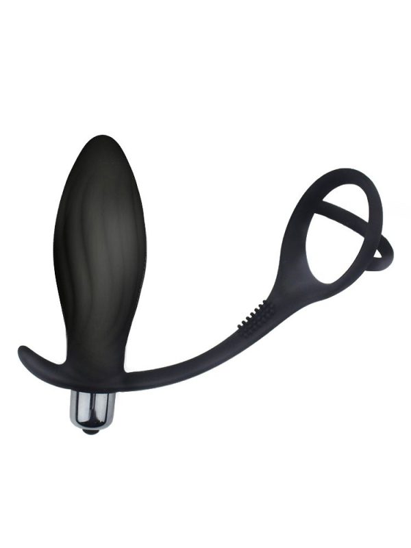 Black vibrating anal plug with a locking cock ring