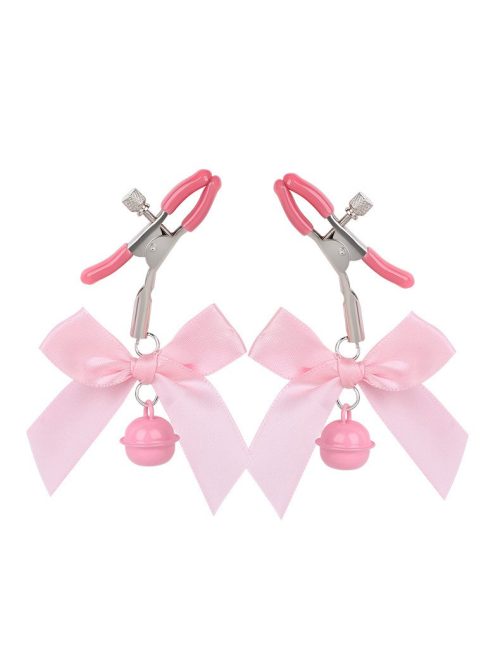 A pair of elegant nipple clips adorned with bows and bells, showcasing a stylish and playful design.