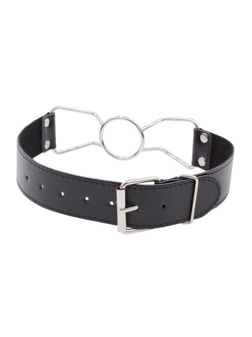 A sleek circular metal gag with a smooth finish and adjustable strap, designed for BDSM play
