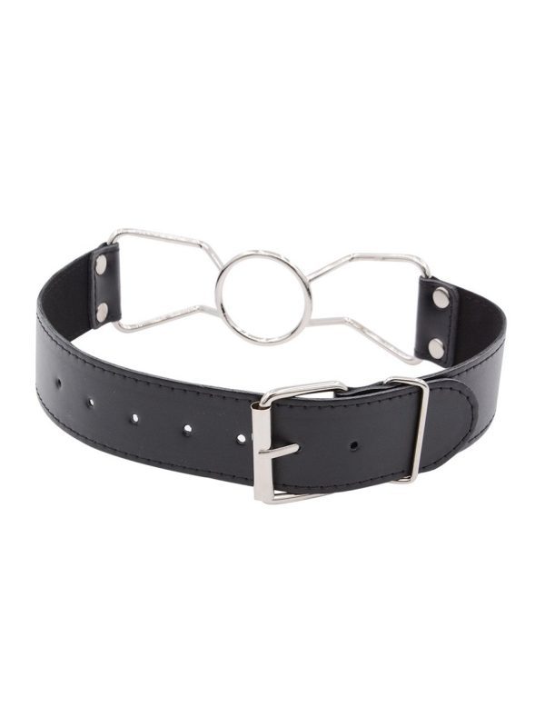 A sleek circular metal gag with a smooth finish and adjustable strap, designed for BDSM play