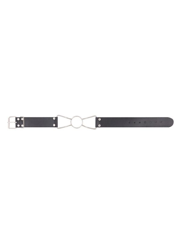 A sleek circular metal gag with a smooth finish and adjustable strap, designed for BDSM play