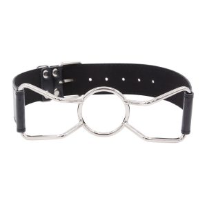 A sleek circular metal gag with a smooth finish and adjustable strap, designed for BDSM play
