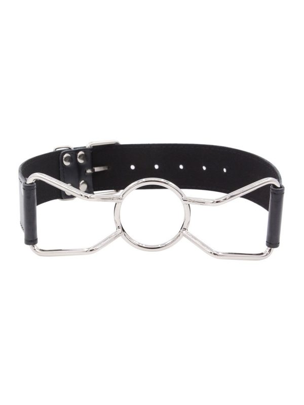 A sleek circular metal gag with a smooth finish and adjustable strap, designed for BDSM play