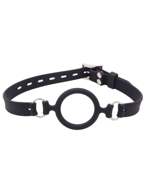 A sleek black silicone gag designed for comfort and restraint.