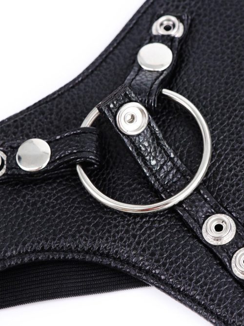 Black Strap-On Harness with steel rings designed for enhanced support and a bold aesthetic in intimate wear