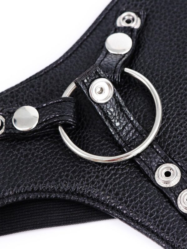 Black Strap-On Harness with steel rings designed for enhanced support and a bold aesthetic in intimate wear