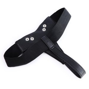 Black Strap-On Harness with steel rings designed for enhanced support and a bold aesthetic in intimate wear