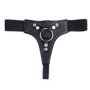 Black Strap-On Harness with steel rings designed for enhanced support and a bold aesthetic in intimate wear