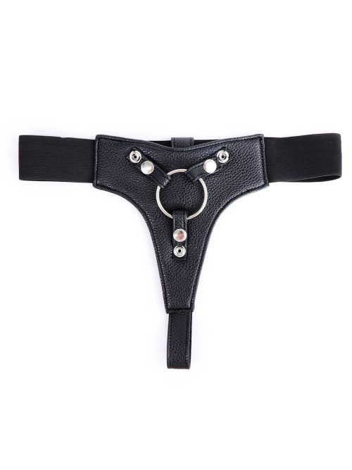 Black Strap-On Harness with steel rings designed for enhanced support and a bold aesthetic in intimate wear