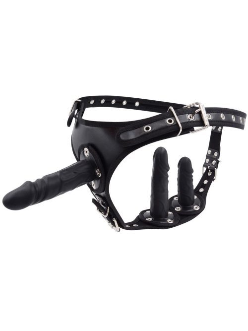 Black Strap-On harness with dildo designed for enhanced support and a bold aesthetic in intimate wear