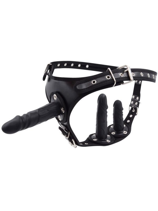 Black Strap-On harness with dildo designed for enhanced support and a bold aesthetic in intimate wear