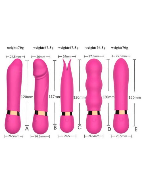 A set of five vibrant rose red vibrators, each featuring unique designs and functions for a variety of pleasurable experiences