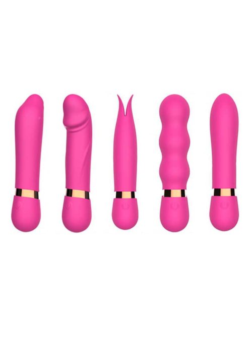 Five-Vibrators-Set A set of five vibrant rose red vibrators, each featuring unique designs and functions for a variety of pleasurable experiences
