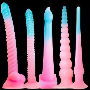 Colorful, irregularly shaped glow-in-the-dark anal plug, showcasing a blend of vibrant hues
