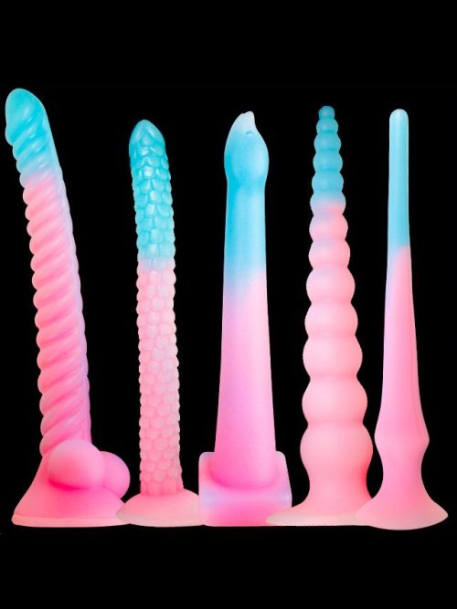 Colorful, irregularly shaped glow-in-the-dark anal plug, showcasing a blend of vibrant hues