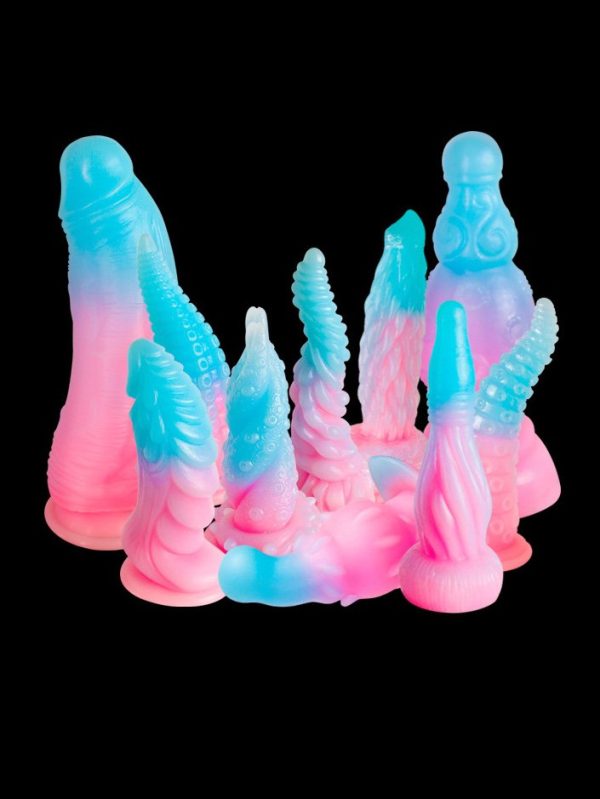 Colorful, irregularly shaped glow-in-the-dark anal plug, showcasing a blend of vibrant hues