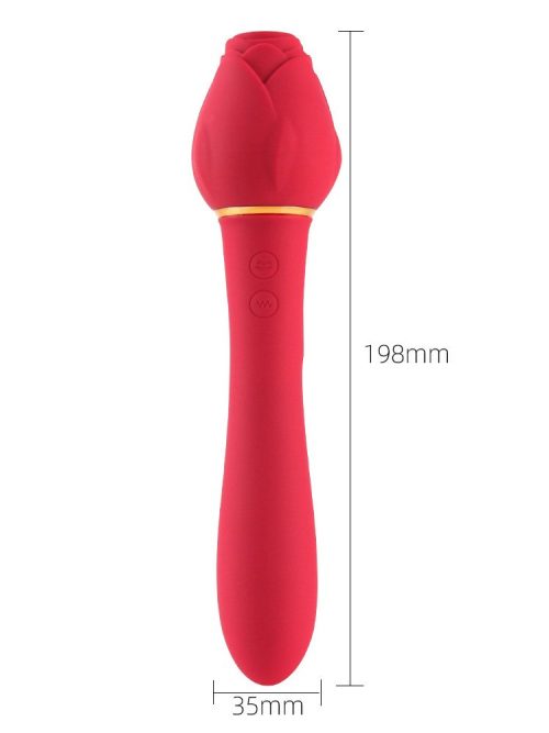 Red vibrator with a rose-shaped tip, designed for elegant and pleasurable experiences.