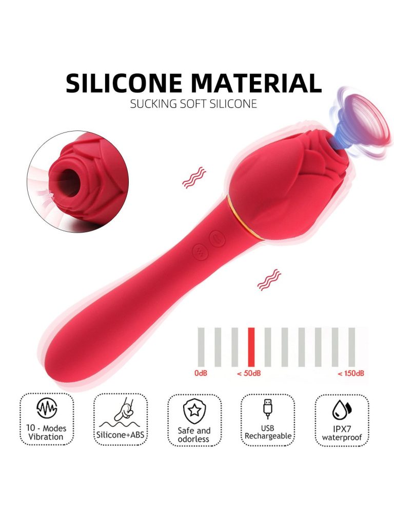 Red vibrator with a rose-shaped tip, designed for elegant and pleasurable experiences.