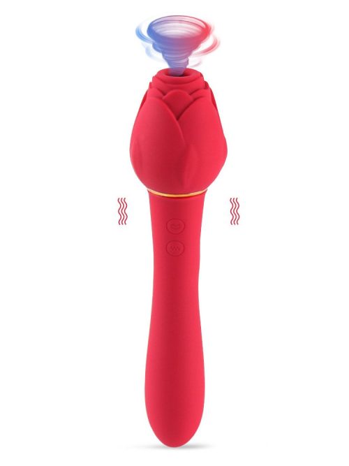 Handled-Rose-Vibrator Red vibrator with a rose-shaped tip, designed for elegant and pleasurable experiences.