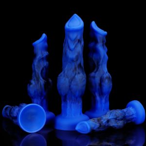 Blue silicone wolf dildo featuring a textured design