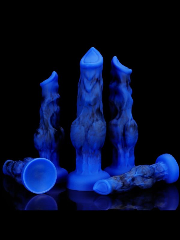 Blue silicone wolf dildo featuring a textured design