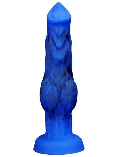 Blue silicone wolf dildo featuring a textured design