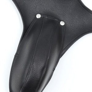 Black bondage pants featuring a provocative design with a focus on a bold and edgy aesthetic