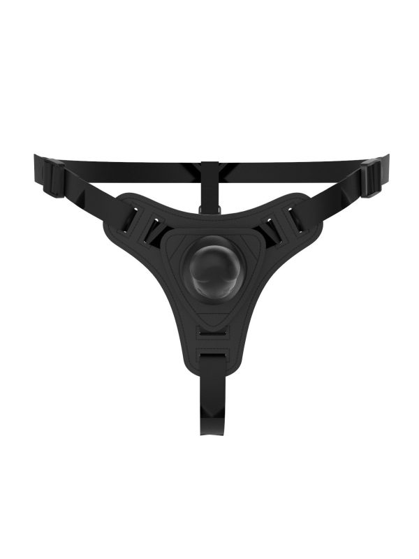 "Triangular strap-on harness featuring a realistic dildo for enhanced intimate experiences."