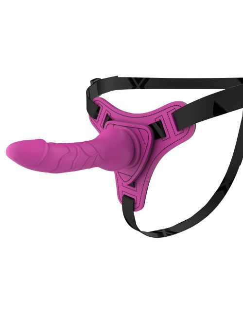 "Triangular strap-on harness featuring a realistic dildo for enhanced intimate experiences."